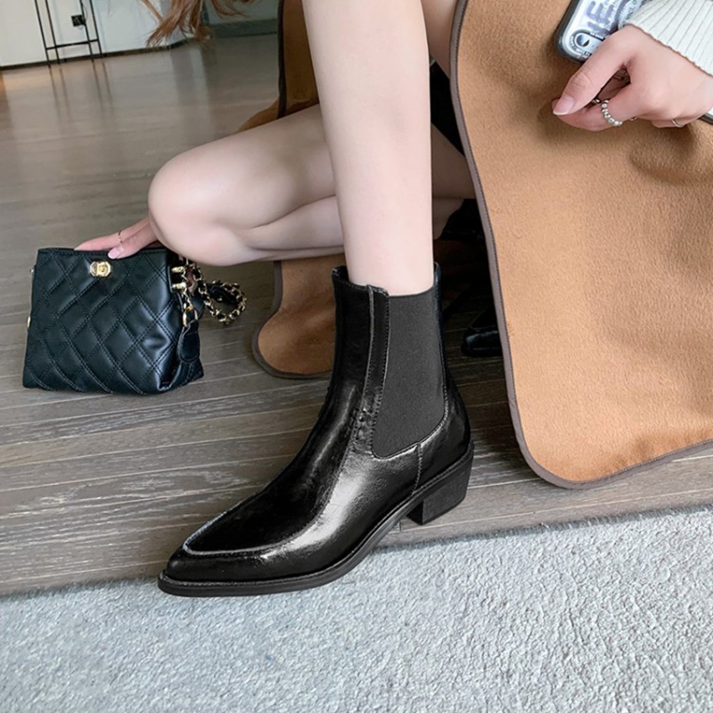 Autumn NEW Split Leather for Women Pointed Toe Chunky Heel Shoes Slip-on Modern Handmade Short Boots e235