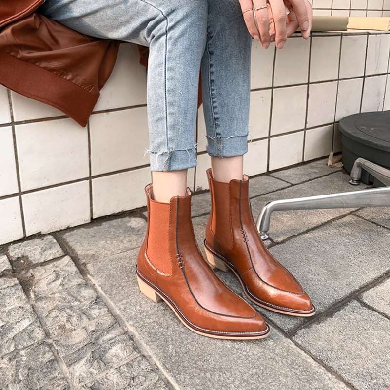 Autumn NEW Split Leather for Women Pointed Toe Chunky Heel Shoes Slip-on Modern Handmade Short Boots e235