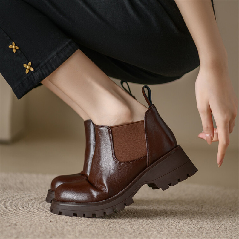 Autumn Split Leather Ankle Round Toe Chunky Heel Platform for Winter Short Concise Women Boots