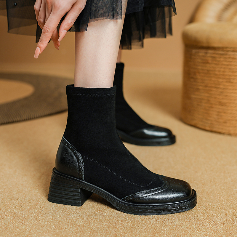 2024 NEW Autumn Stretch Fabric Shoes Round Toe Chunky Heel for Women Black Platform Boots Brown 96c4