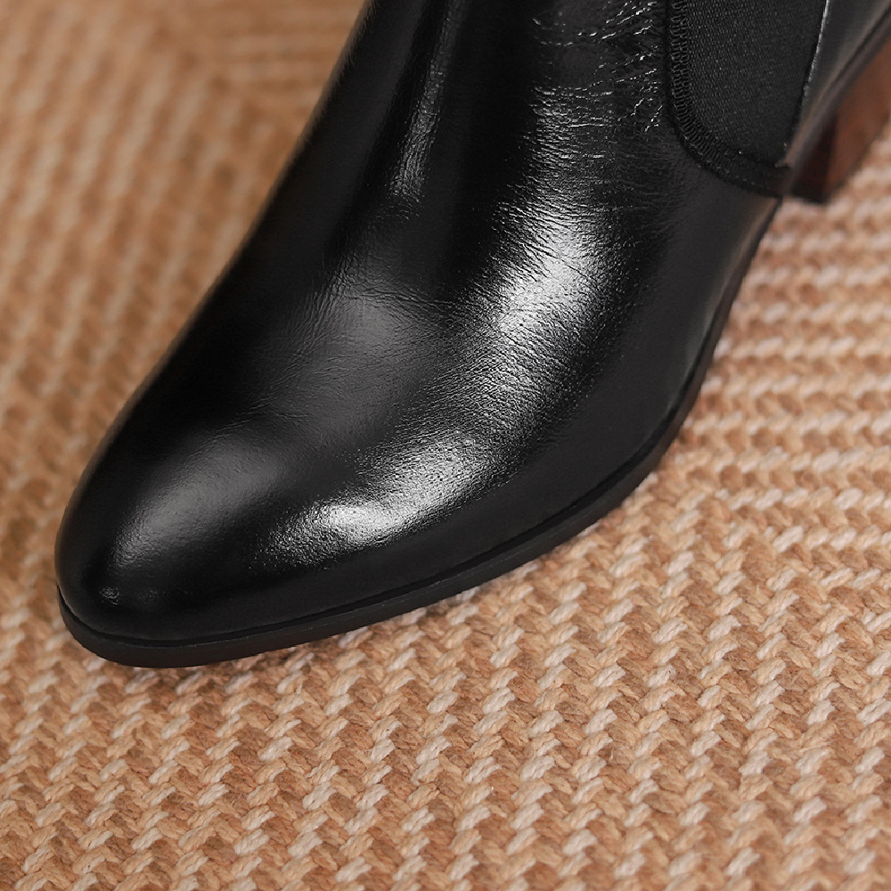 genuine Women's leather elastic fabric patchwork slip-on autumn ankle 6cm chunky heel round toe casual female short boots d724