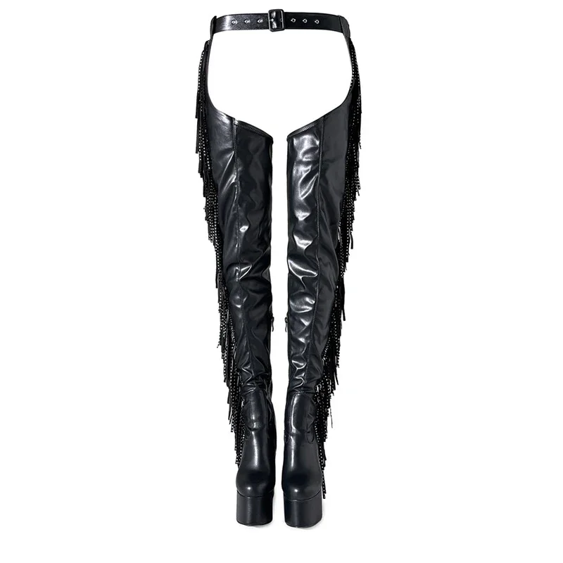 Black Side Zipper Tassel Belt Style Over Knee Size 35-47 Waterproof Platform Round Head Nightclub Steel Pipe Dance Boots