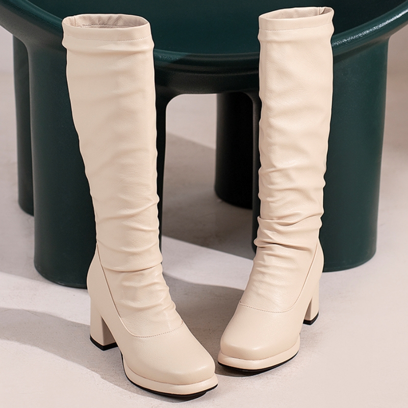 Knee Pleated High Boots Women Winter Autumn Slip On Black Beige Elegant Women's Long Boot Shoes Large Size 45 Comfortable 6bb5 's