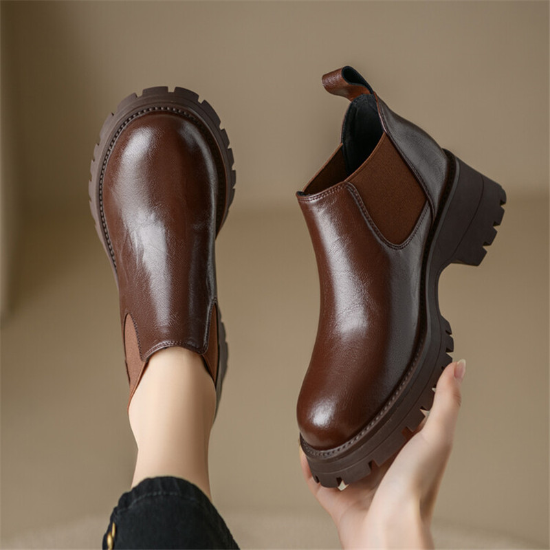 Autumn Split Leather Ankle Round Toe Chunky Heel Platform for Winter Short Concise Women Boots
