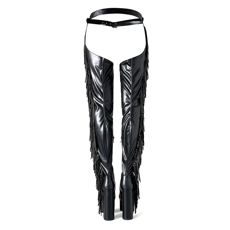 Black Side Zipper Tassel Belt Style Over Knee Size 35-47 Waterproof Platform Round Head Nightclub Steel Pipe Dance Boots