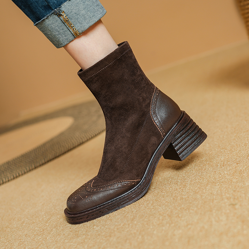 2024 NEW Autumn Stretch Fabric Shoes Round Toe Chunky Heel for Women Black Platform Boots Brown 96c4