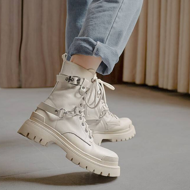 JOZHAMTA Size 34-40 Real Leather Women Ankle Boots Thick Heels Platform Shoes Fall Winter Punk Short Booties Casual Daily Dress