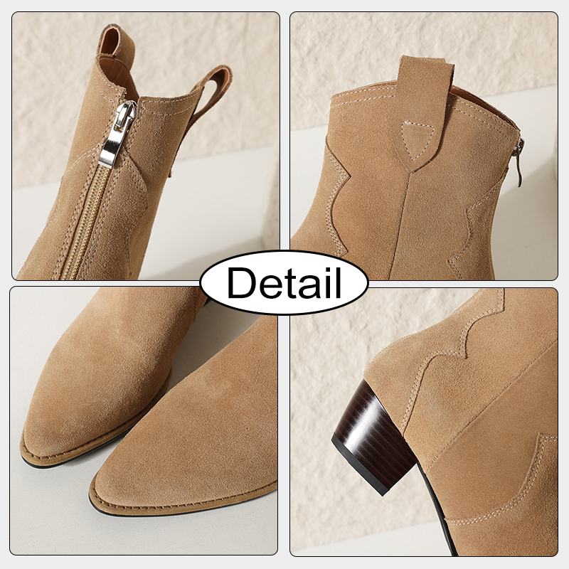 JOZHAMTA Size 34-40 Women Ankle Boots Western Suede Real Leather Wide Calf Thick Heels Cowboy Cowgirl Short Booties Casual Dress