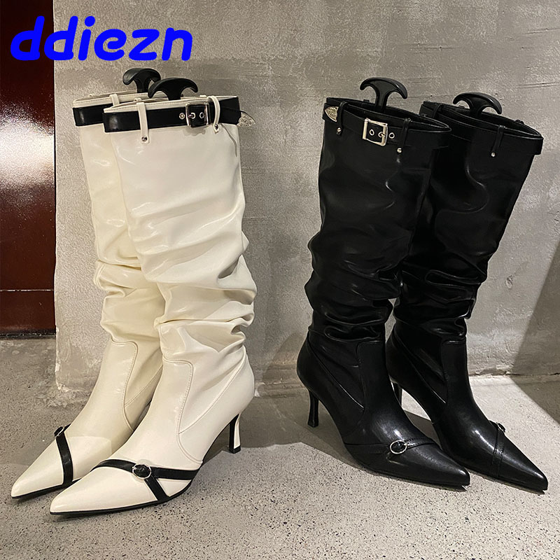 Fashion Pointed Toe Women Knee High Modern Boots Female Heels Footwear Pleated Ladies Long Booties Designer Buckle Shoes