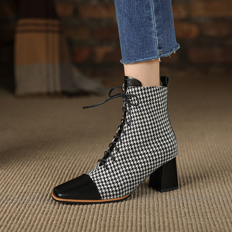 2024 Fall Shoes Square Toe Chunky Heel Women shoes Retro Genuine Leather Modern Short Winter Boots Heels 40b5