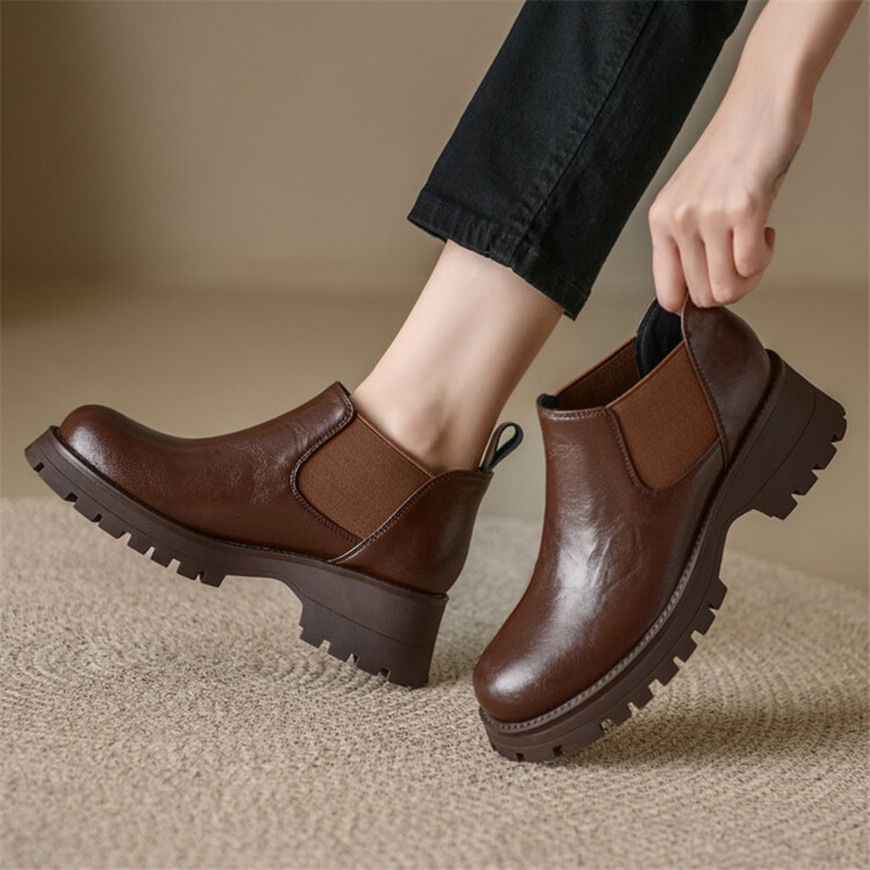 Autumn Split Leather Ankle Round Toe Chunky Heel Platform for Winter Short Concise Women Boots