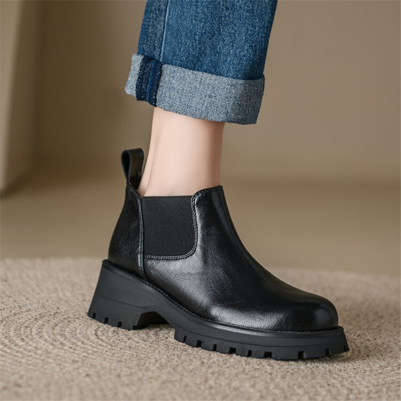 Autumn Split Leather Ankle Round Toe Chunky Heel Platform for Winter Short Concise Women Boots