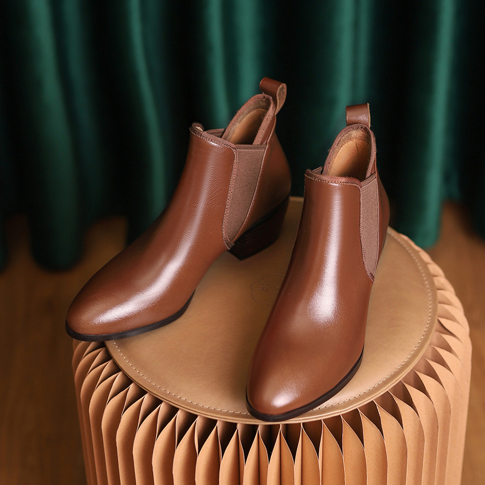 genuine Women's leather elastic fabric patchwork slip-on autumn ankle 6cm chunky heel round toe casual female short boots d724