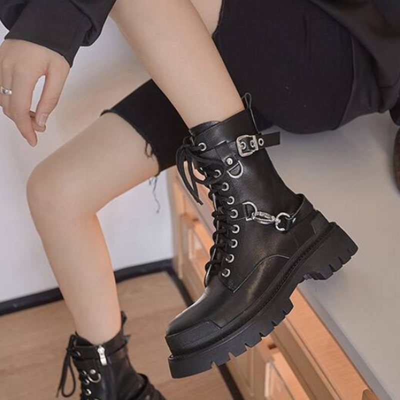 JOZHAMTA Size 34-40 Real Leather Women Ankle Boots Thick Heels Platform Shoes Fall Winter Punk Short Booties Casual Daily Dress