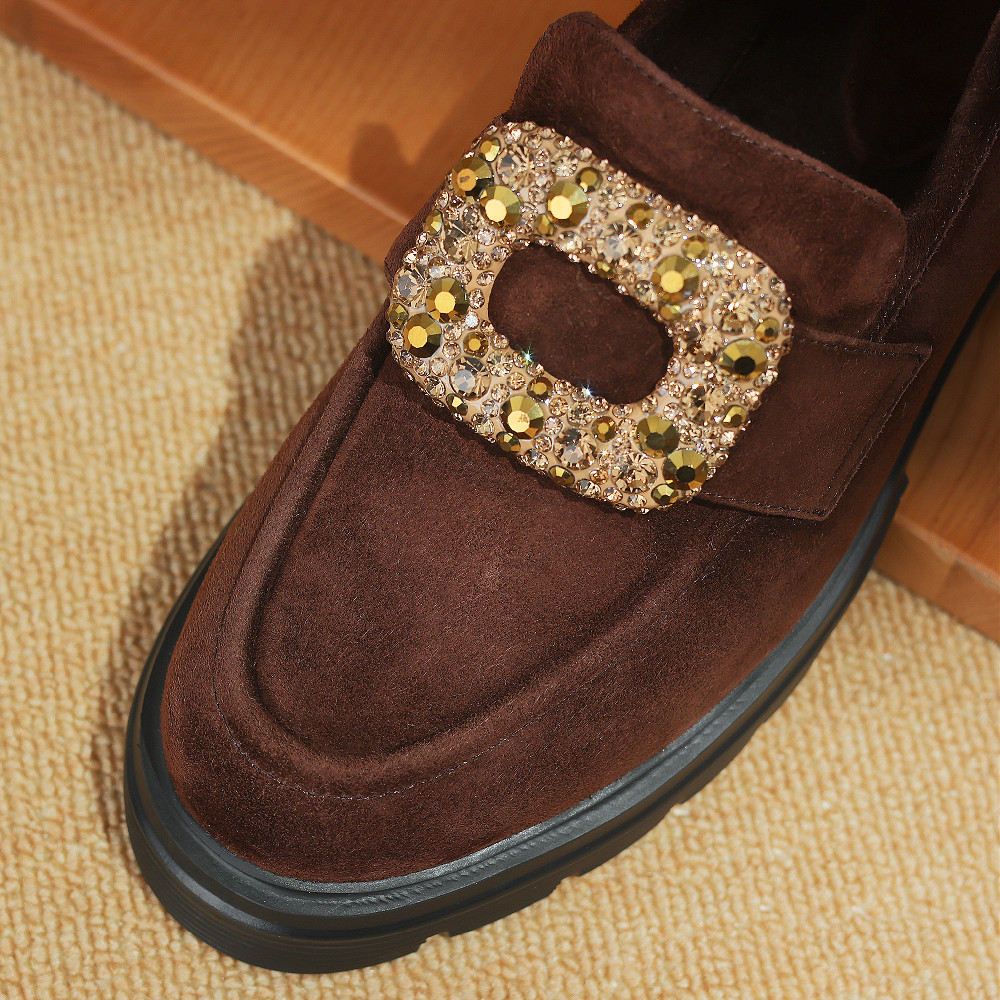natural Women's suede leather chunky heel platform four season moccasins crystal buckle casual female high quality loafers shoes 77a7 731d