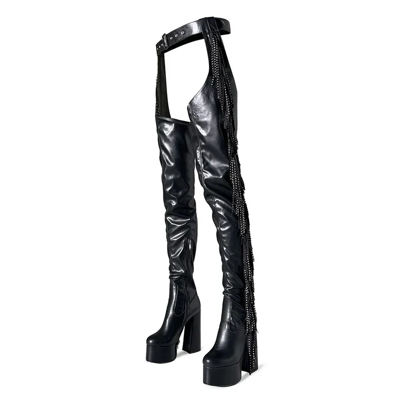 Black Side Zipper Tassel Belt Style Over Knee Size 35-47 Waterproof Platform Round Head Nightclub Steel Pipe Dance Boots