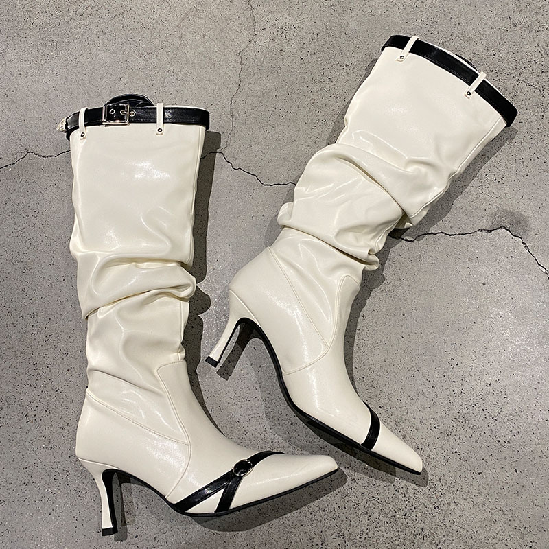 Fashion Pointed Toe Women Knee High Modern Boots Female Heels Footwear Pleated Ladies Long Booties Designer Buckle Shoes