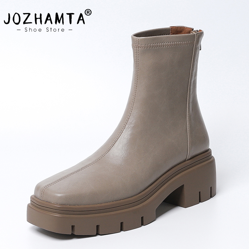 JOZHAMTA Size 33-40 Women Ankle Elastic Leather Thick High Heels Shoes Platform Short Booties Casual Office Stretch Boots