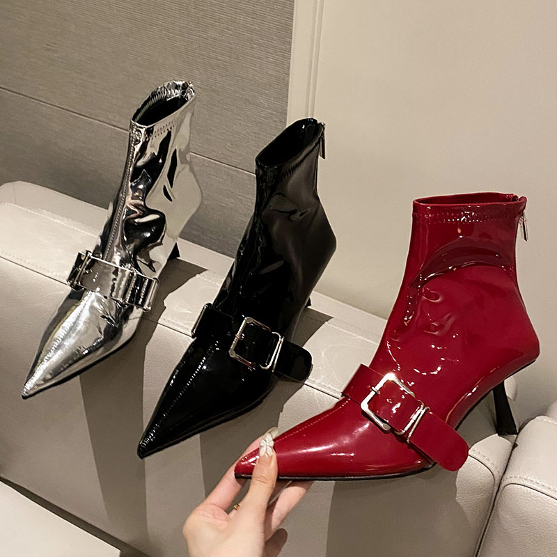Female Thin Heels Shoes Women Ankle Modern Fashion Designer Metal Buckle Footwear Pointed Toe Ladies Short Boots Pumps