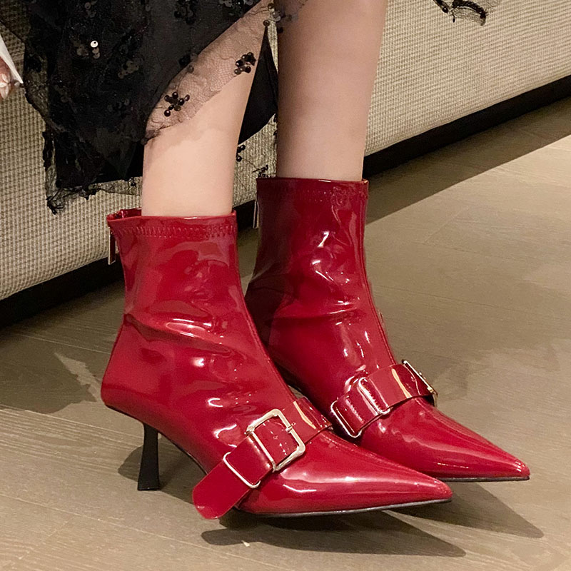 Female Thin Heels Shoes Women Ankle Modern Fashion Designer Metal Buckle Footwear Pointed Toe Ladies Short Boots Pumps