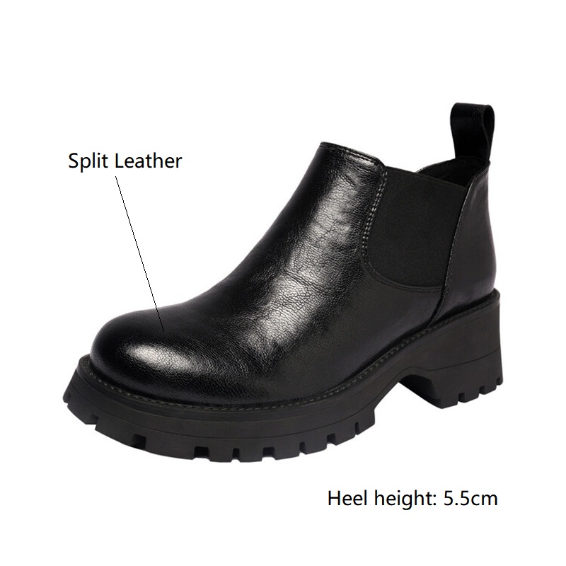 Autumn Split Leather Ankle Round Toe Chunky Heel Platform for Winter Short Concise Women Boots