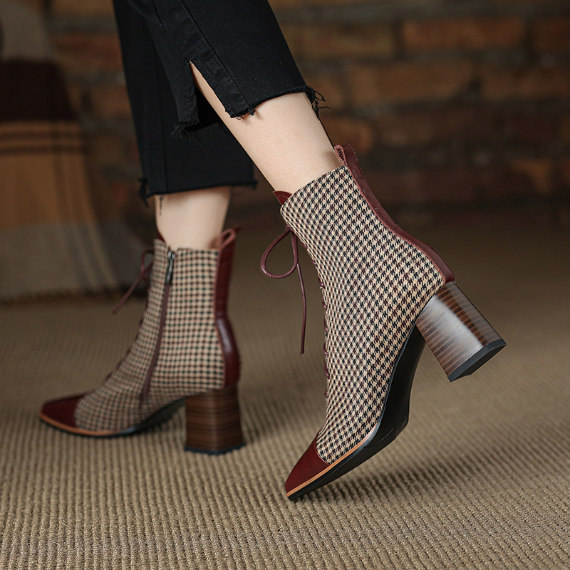 2024 Fall Shoes Square Toe Chunky Heel Women shoes Retro Genuine Leather Modern Short Winter Boots Heels 40b5