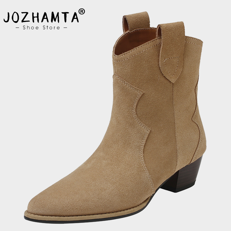 JOZHAMTA Size 34-40 Women Ankle Boots Western Suede Real Leather Wide Calf Thick Heels Cowboy Cowgirl Short Booties Casual Dress