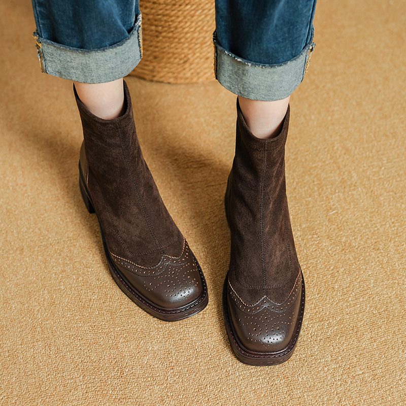 2024 NEW Autumn Stretch Fabric Shoes Round Toe Chunky Heel for Women Black Platform Boots Brown 96c4