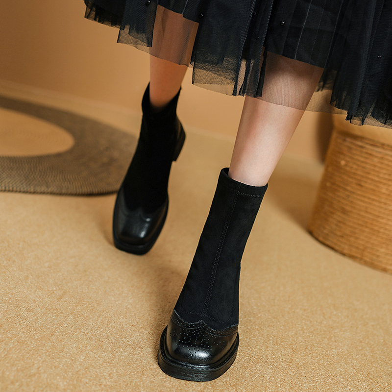 2024 NEW Autumn Stretch Fabric Shoes Round Toe Chunky Heel for Women Black Platform Boots Brown 96c4