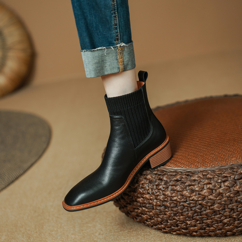 2024 Winter/Autumn Ankle Genuine Leather for Short Boots Chunky Heel Ladies Women Shoes a81a