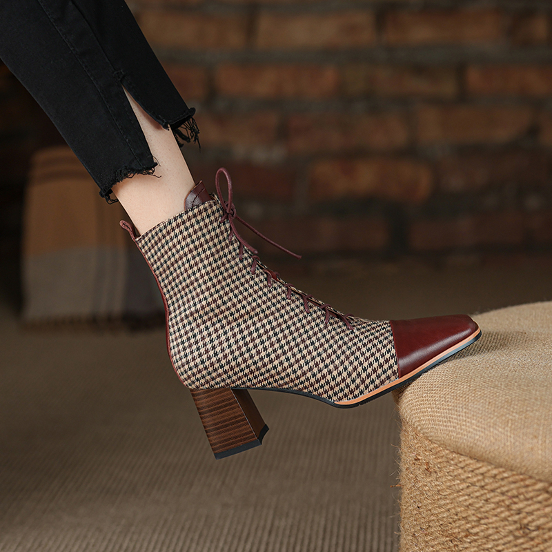 2024 Fall Shoes Square Toe Chunky Heel Women shoes Retro Genuine Leather Modern Short Winter Boots Heels 40b5