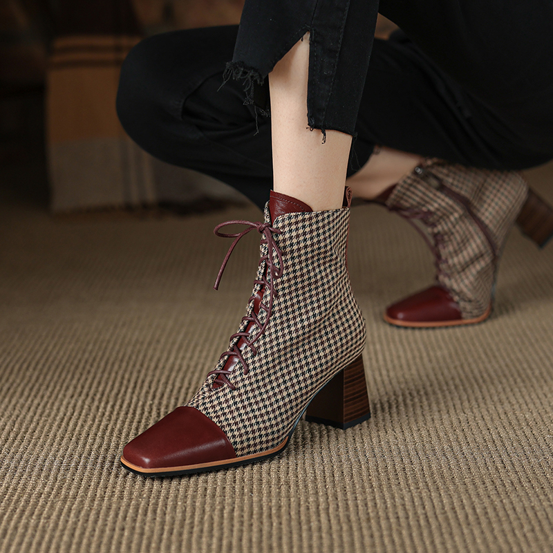 2024 Fall Shoes Square Toe Chunky Heel Women shoes Retro Genuine Leather Modern Short Winter Boots Heels 40b5