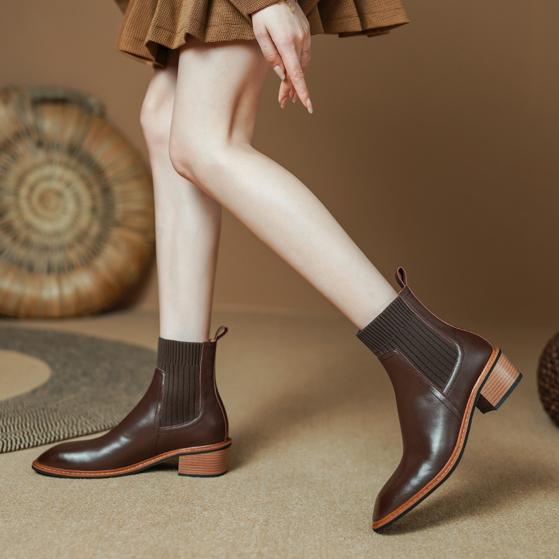 2024 Winter/Autumn Ankle Genuine Leather for Short Boots Chunky Heel Ladies Women Shoes a81a