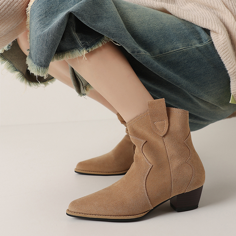 JOZHAMTA Size 34-40 Women Ankle Boots Western Suede Real Leather Wide Calf Thick Heels Cowboy Cowgirl Short Booties Casual Dress