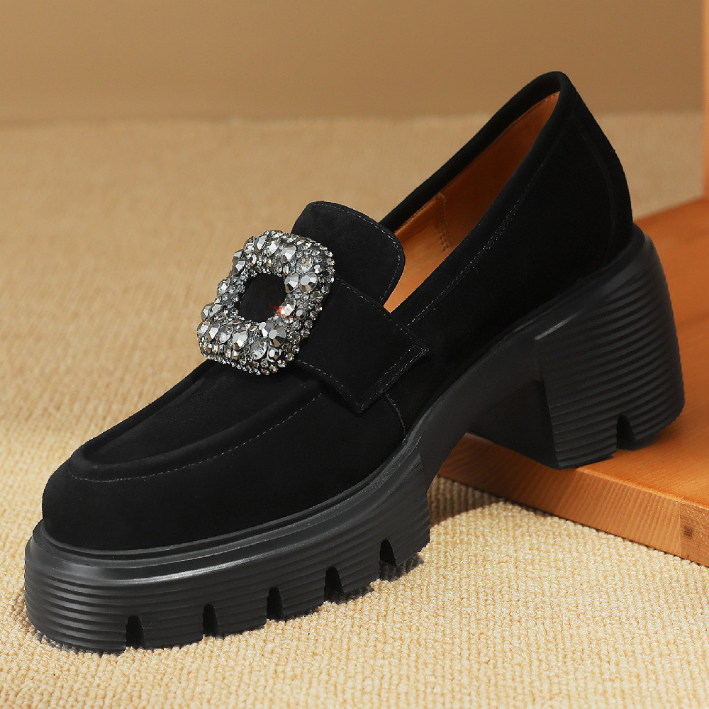 natural Women's suede leather chunky heel platform four season moccasins crystal buckle casual female high quality loafers shoes 77a7 731d