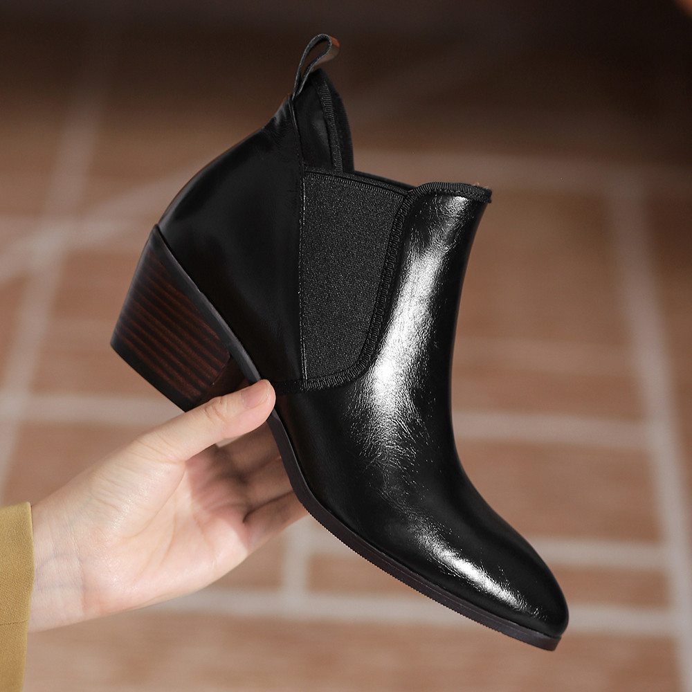 genuine Women's leather elastic fabric patchwork slip-on autumn ankle 6cm chunky heel round toe casual female short boots d724