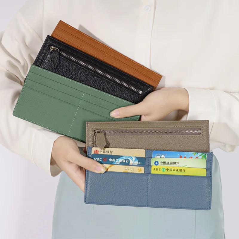 Genuine Women Card Slim Flat Zip Purse Ultra Thin Leather Long Wallet Carteras Para Mujer Portfel Damski c65b 4