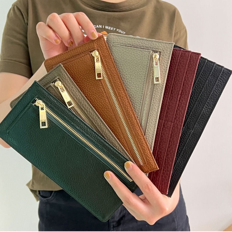 Genuine Women Card Slim Flat Zip Purse Ultra Thin Leather Long Wallet Carteras Para Mujer Portfel Damski c65b 4