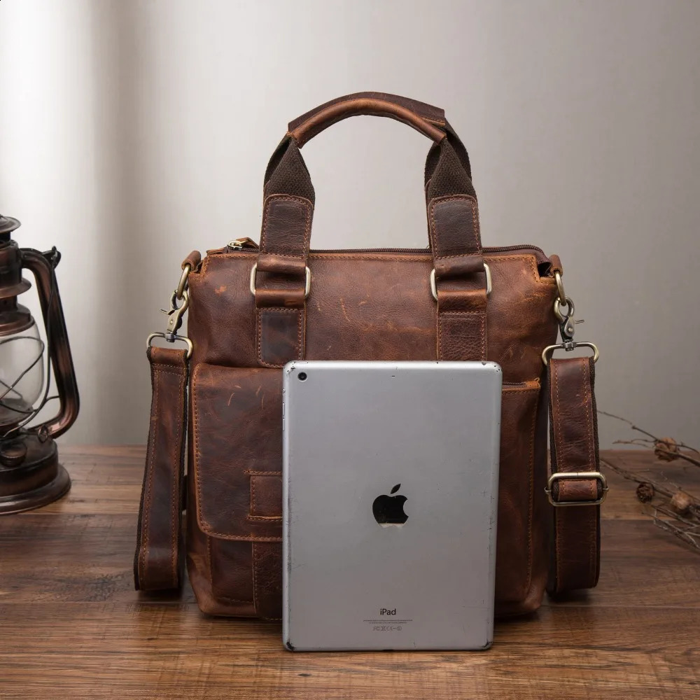 3 Men Quality Leather Antique Retro Business Briefcase 12 Laptop Case Attache Portfolio Tote Shoulder Messenger Bag B259 240816