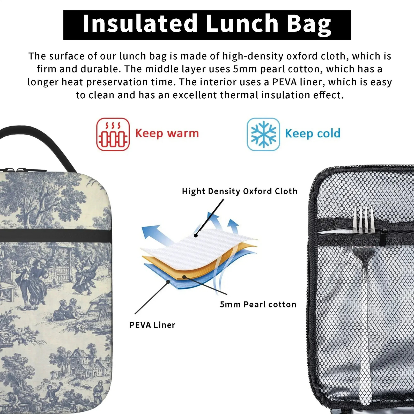 French Toile De Jouy Women Reusable Oxford Bento Tote Bag Thermal Cooler Insulated Lunch Box for Travel Picnic 240820 d83d 4