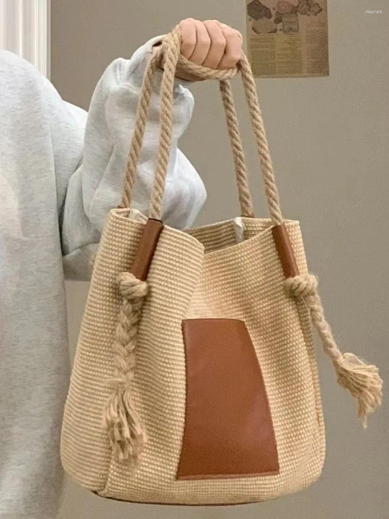 Shoulder Bags PU Leather Bucket For Women Woven Rope Hand Bag Female Large Handle Purse