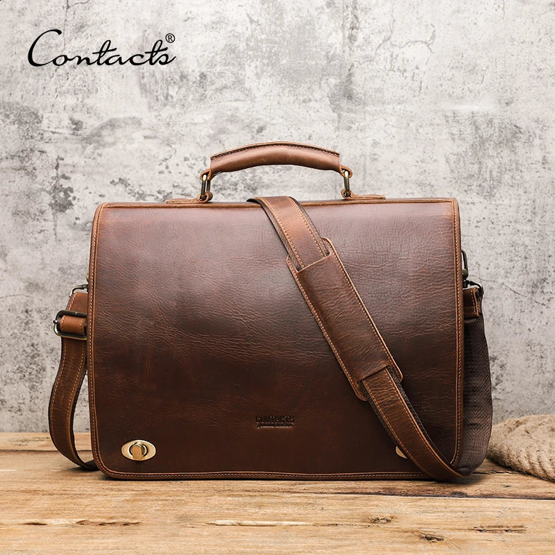 CONTACT Business Mens briefcase Crazy Horse leather shoulder messenger y Latop bag 15.6-inch handbag 240824 9c38