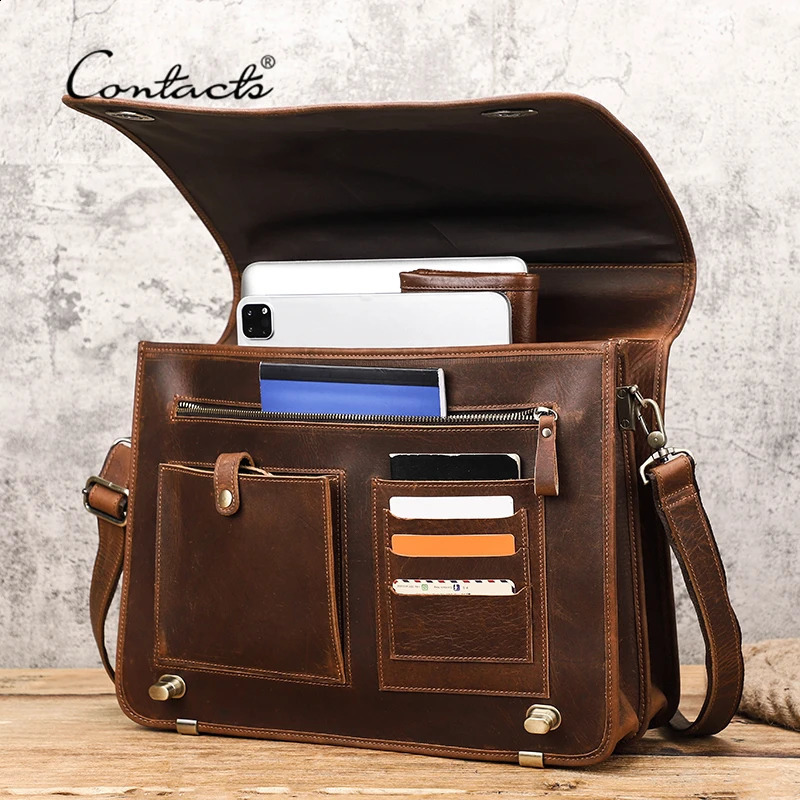CONTACT Business Mens briefcase Crazy Horse leather shoulder messenger y Latop bag 15.6-inch handbag 240824 9c38