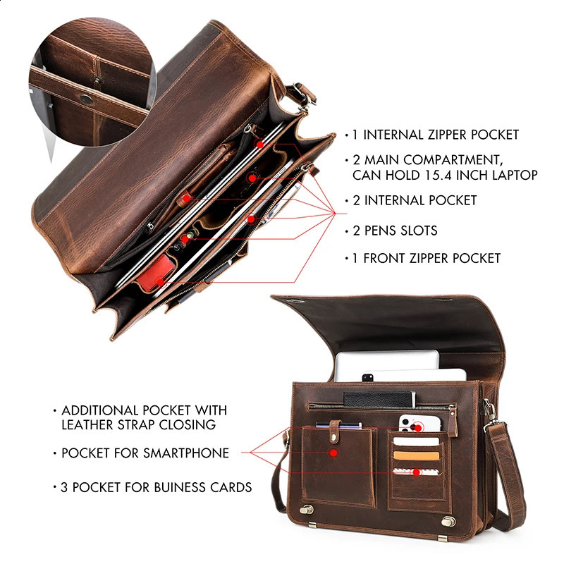 CONTACT Business Mens briefcase Crazy Horse leather shoulder messenger y Latop bag 15.6-inch handbag 240824 9c38