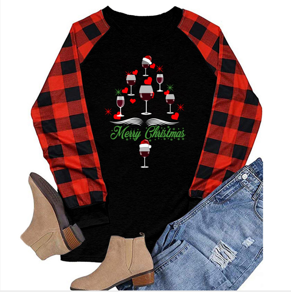 new autumn women's clothing plaid shoulder printed letter long sleeved T-shirt for women dongdumaoyi
