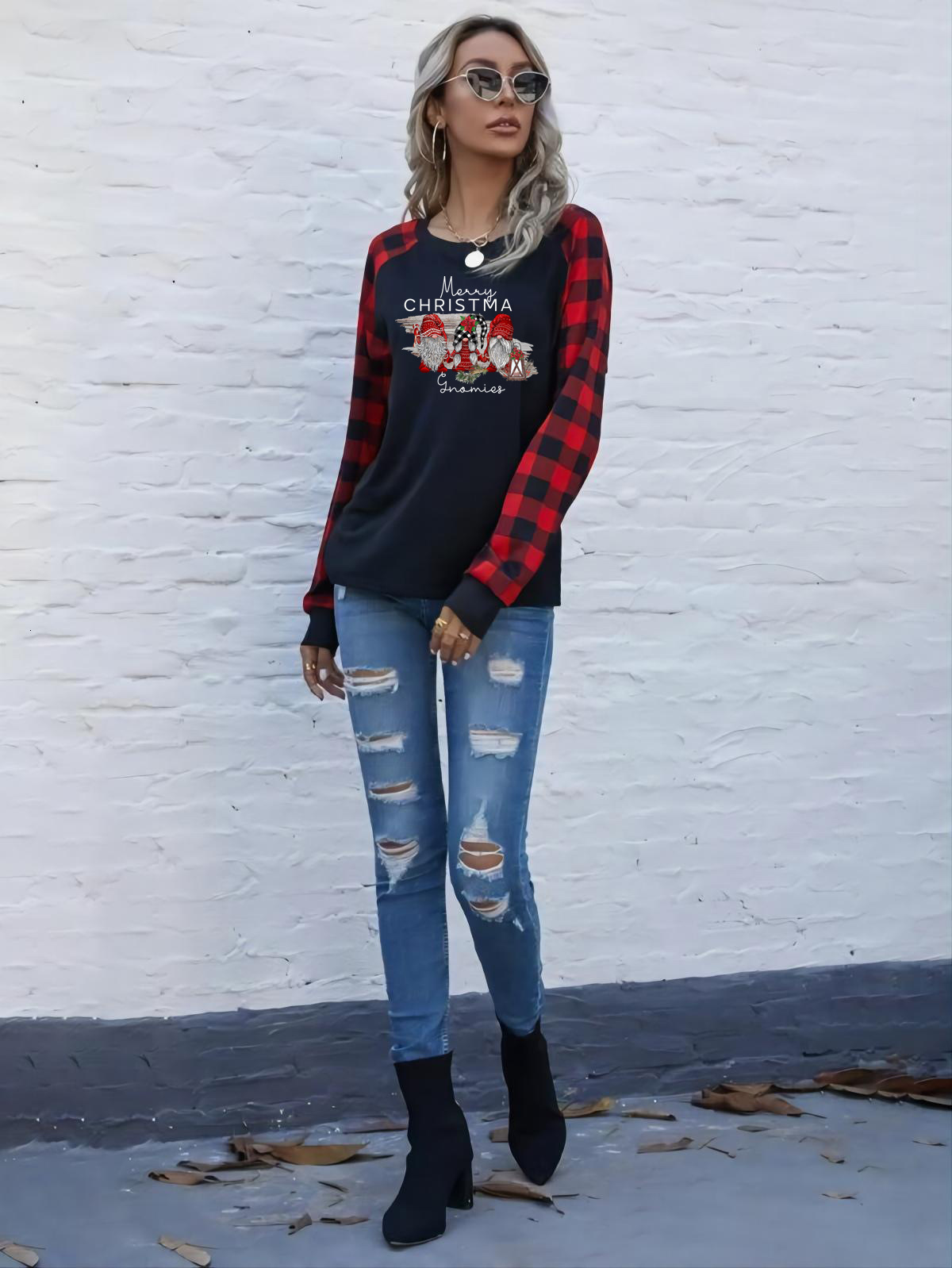 new autumn women's clothing plaid shoulder printed letter long sleeved T-shirt for women dongdumaoyi