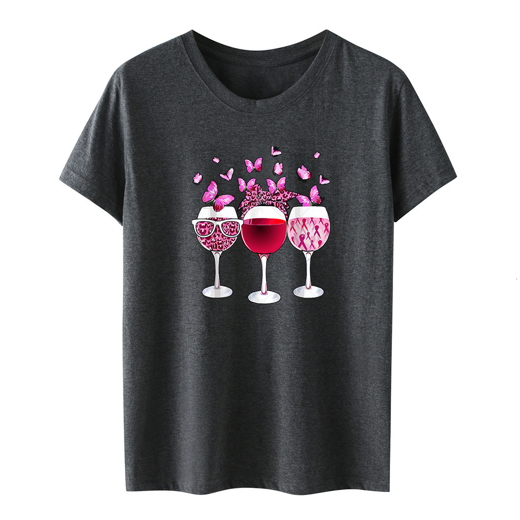 Women's with three red wine glasses, pink butterfly print, loose fit T-shirt, women's short sleeved casual top, plus size T-shirt dongdumaoy