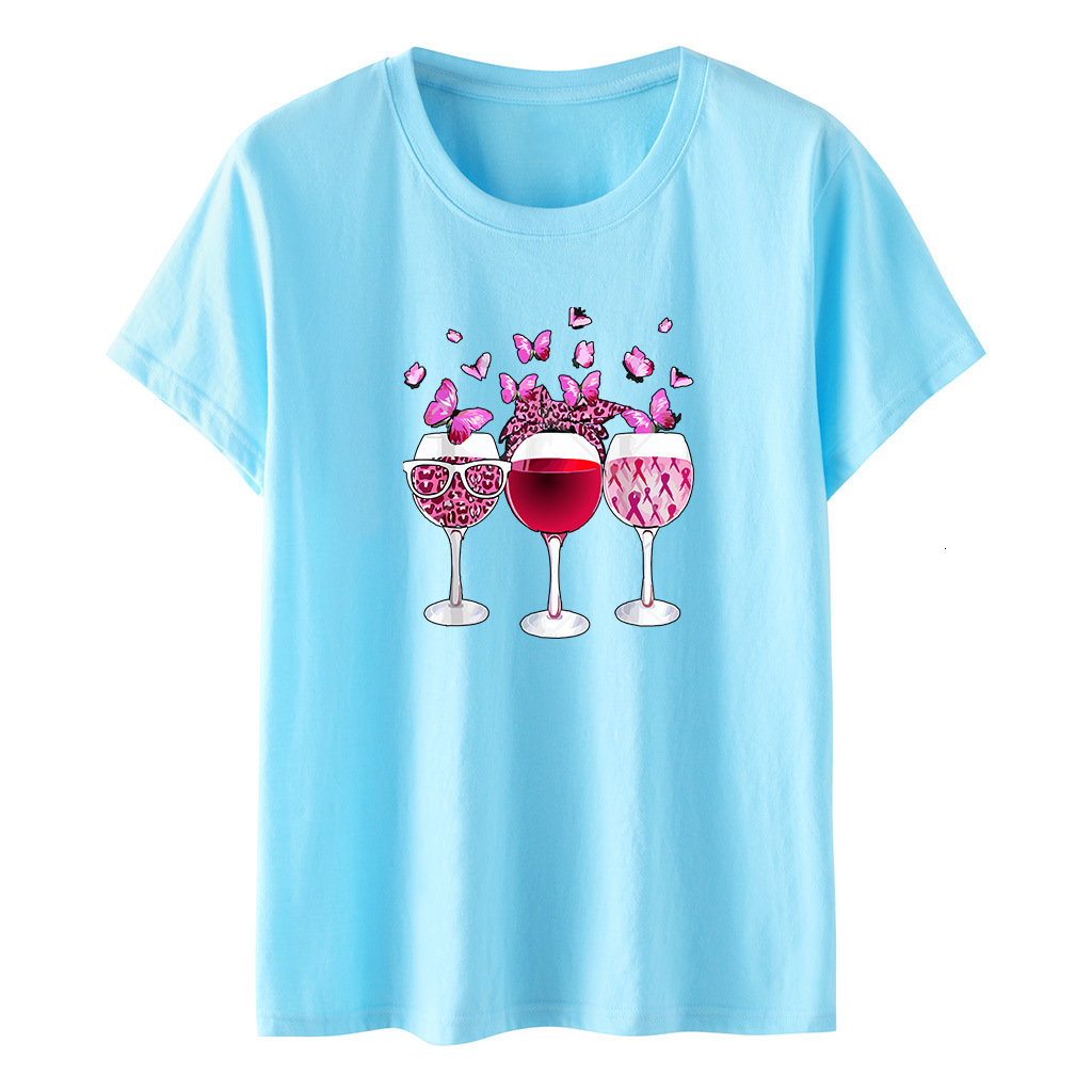 Women's with three red wine glasses, pink butterfly print, loose fit T-shirt, women's short sleeved casual top, plus size T-shirt dongdumaoy