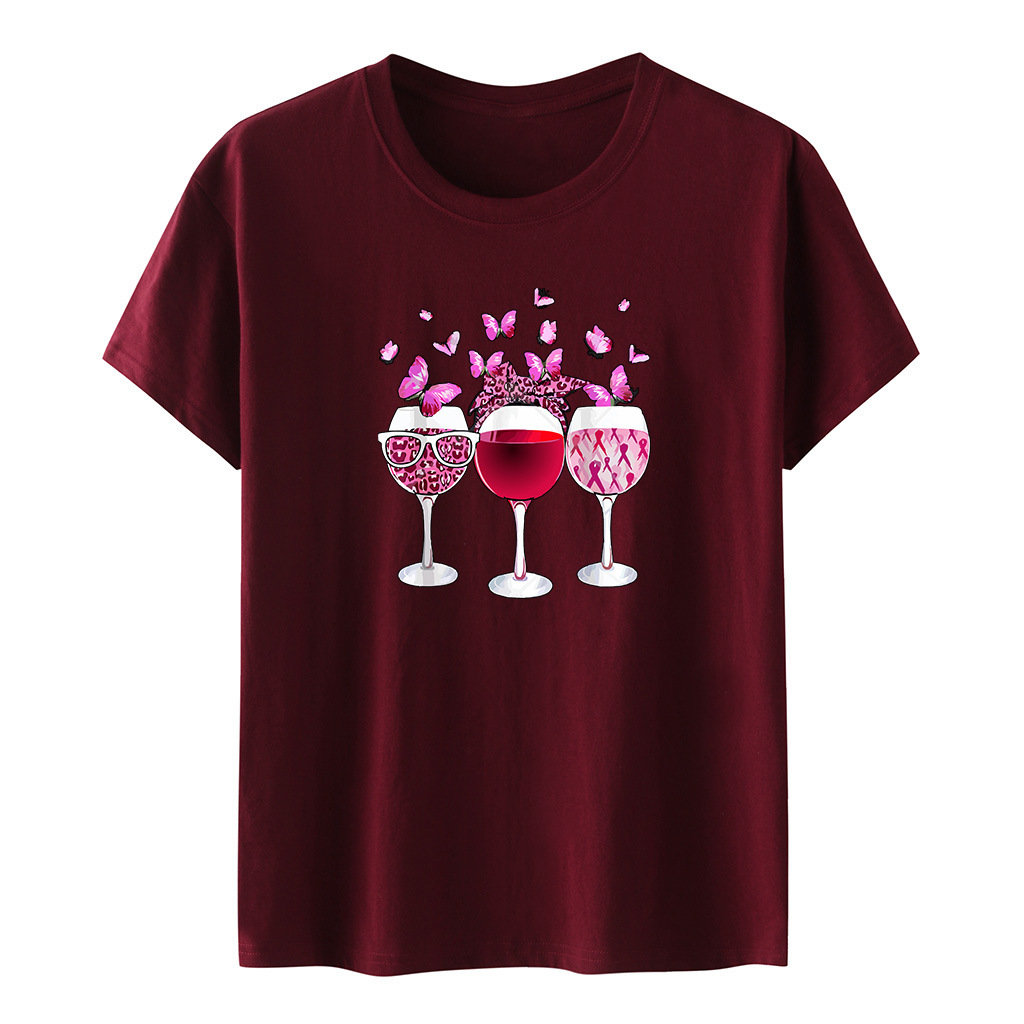 Women's with three red wine glasses, pink butterfly print, loose fit T-shirt, women's short sleeved casual top, plus size T-shirt dongdumaoy