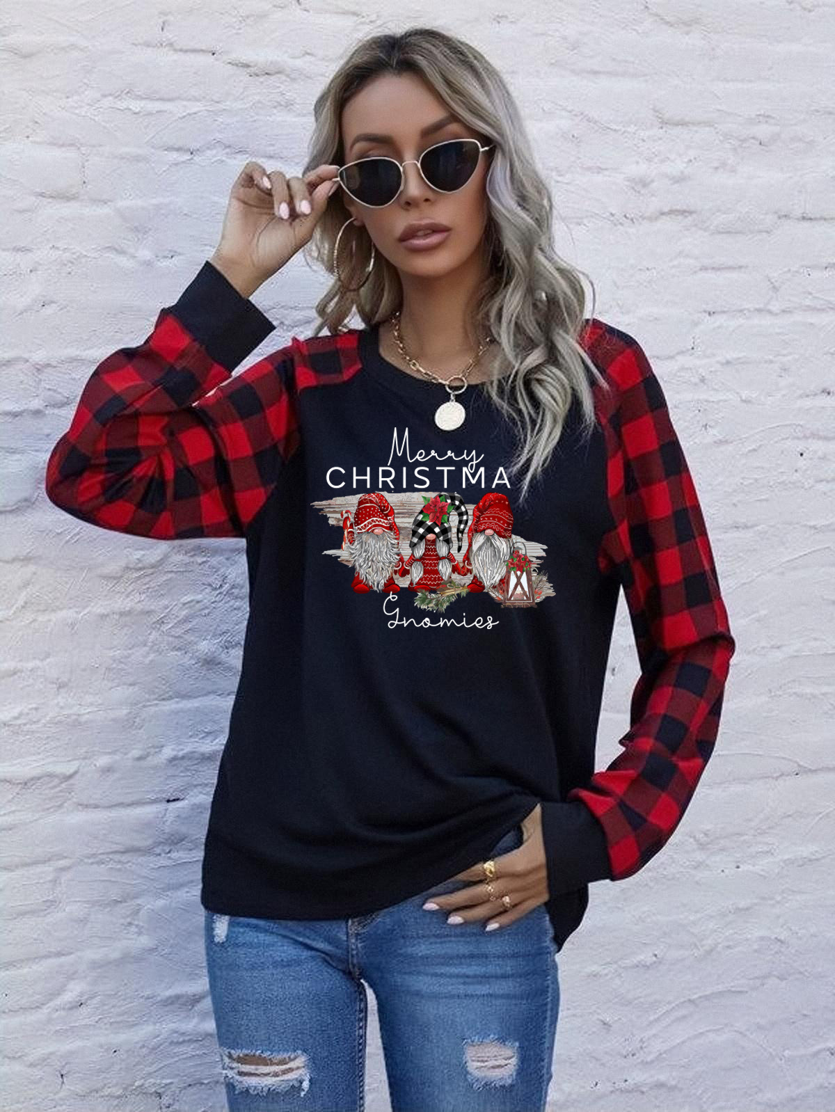 new autumn women's clothing plaid shoulder printed letter long sleeved T-shirt for women dongdumaoyi